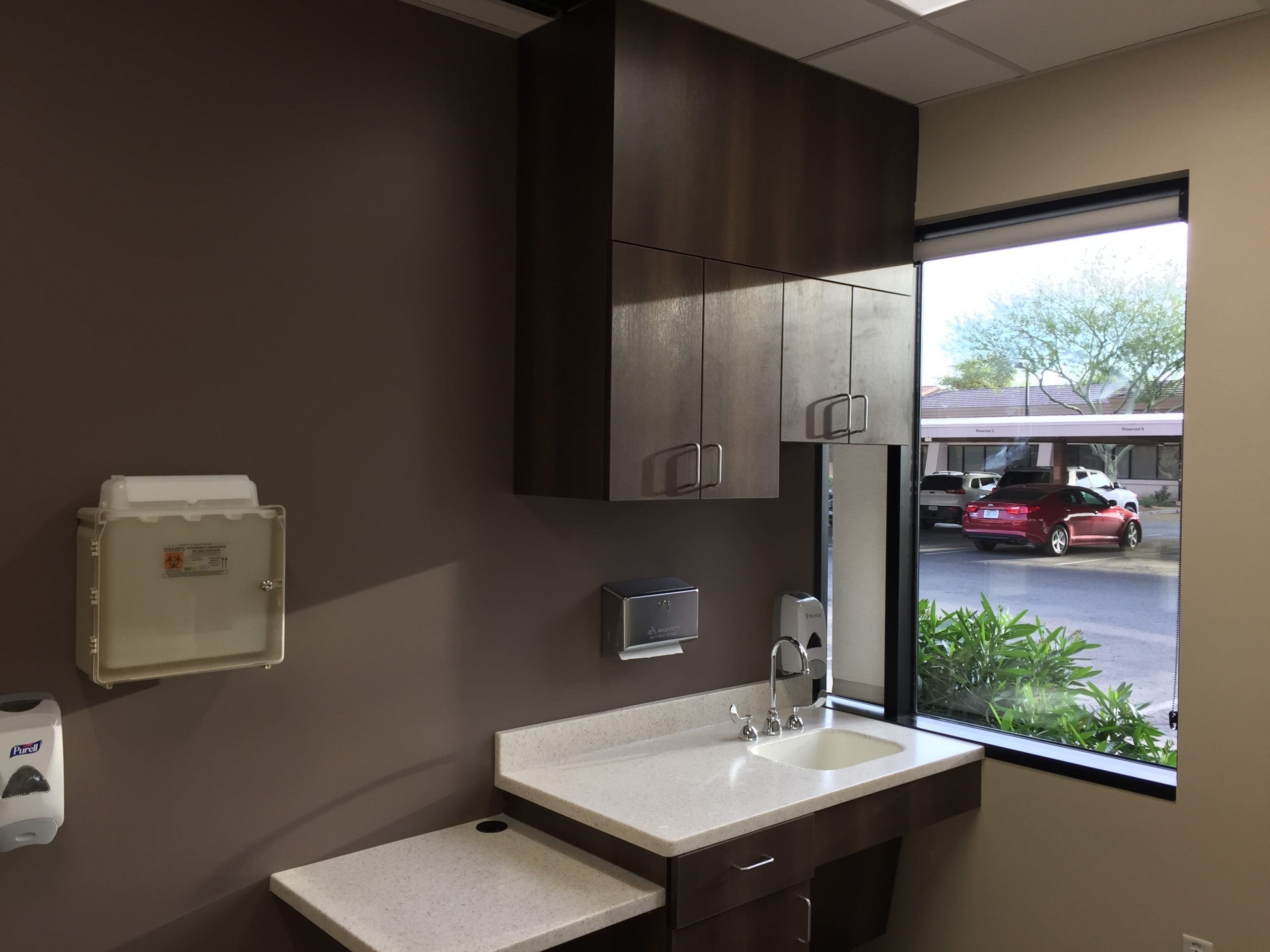 A sink and counter in a room.