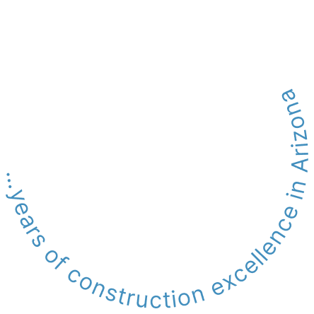 Blue text curving upward reads, "...years of construction excellence in Arizona," referencing Builders Guild on a light gray background. The beginning of the sentence is not visible.
