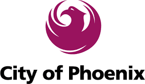 Maroon stylized phoenix bird logo above black text that reads "City of Phoenix" on a white background, representing pride and unity much like the spirit found in an about builders guild.