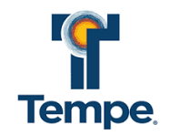 Logo with the word "Tempe" below a stylized blue "T" design, featuring a circular sun with orange and yellow hues at the top center.