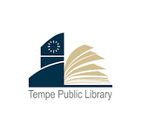 Logo of Tempe Public Library featuring a stylized building with a clock and an open book, along with the library’s name below the graphic.